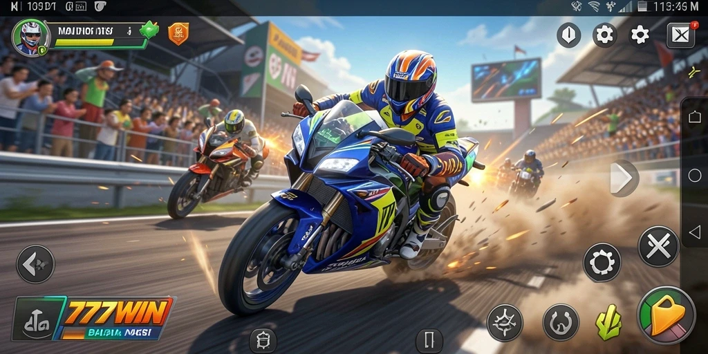 Gameplay 777WIN dengan motor balap yang mendebarkan terlihat di layar.
