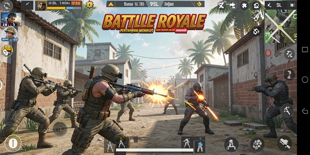 Screenshot gameplay 9SL menampilkan aksi seru di medan pertempuran Battle Royale.
