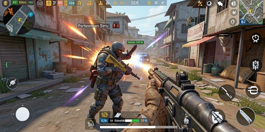 Screenshot gameplay 9ZK yang menunjukkan aksi tembak-menembak yang seru.