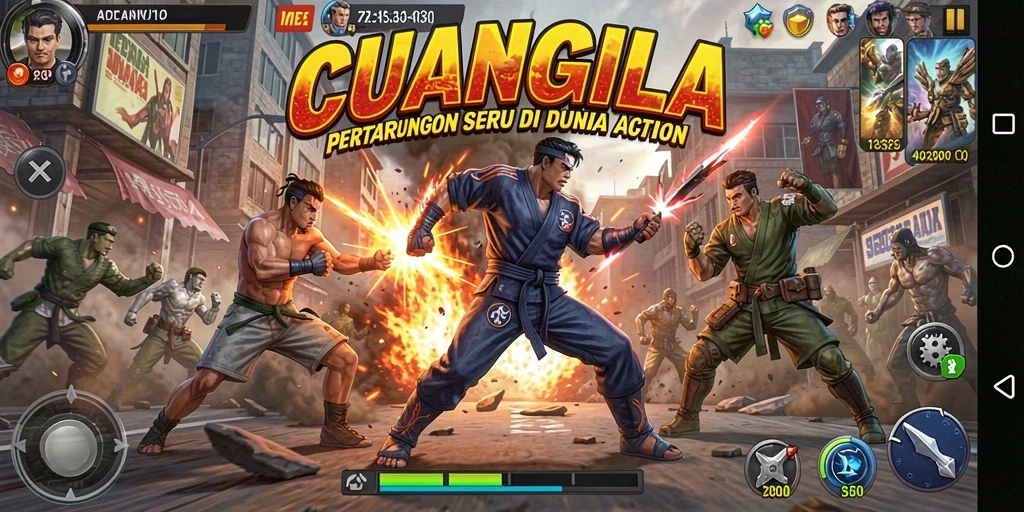 Screenshot utama CUANGILA dengan aksi medan perang yang seru.