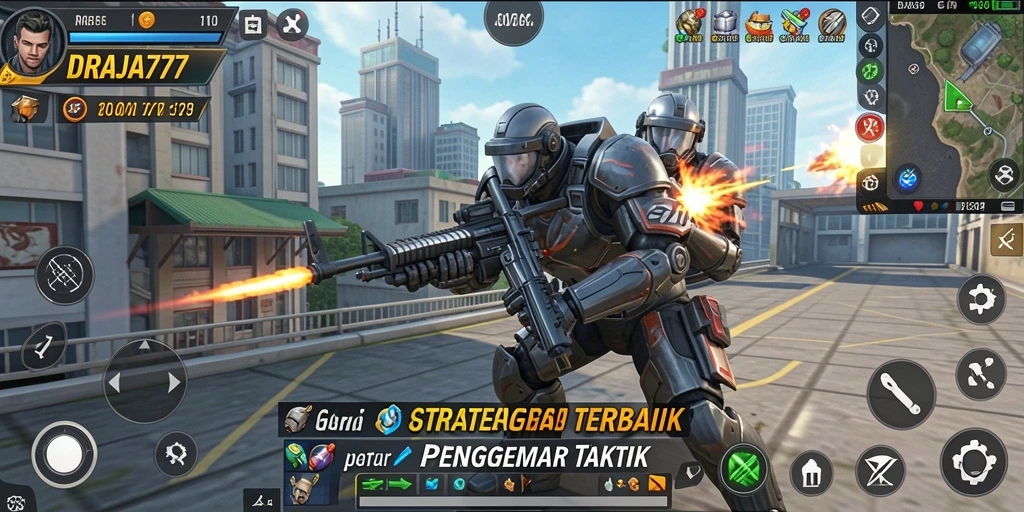 Tangkapan layar DRAJA777 menampilkan aksi strategis mendebarkan di battlefield.