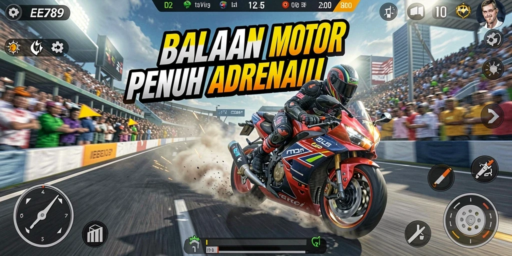 Gameplay mendebarkan di EE789 dengan balapan motor yang seru.