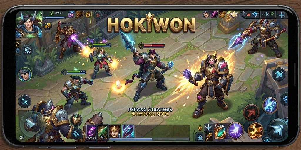 Tampilan aksi seru dalam gameplay HOKIWON MOBA.