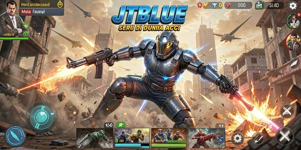 Tampilan aksi seru di JTBLUE saat pemain bertarung melawan musuh.
