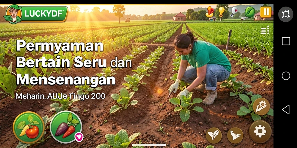 Tampilan gameplay yang menarik di LUCKYDF saat bertani dan memanen hasil.