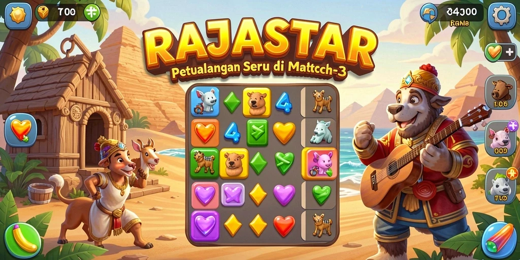 Tampilan grafis cerah dan karakter-k karakter menggemaskan dalam RAJASTAR.