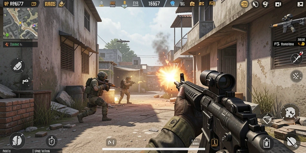 Screenshot RP6677 menampilkan aksi mendebarkan di medan perang FPS.