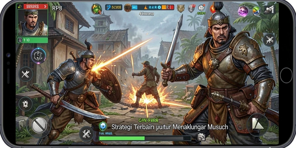 Tangkapan layar utama RP8 menampilkan pertarungan taktis antara pasukan yang terorganisir.