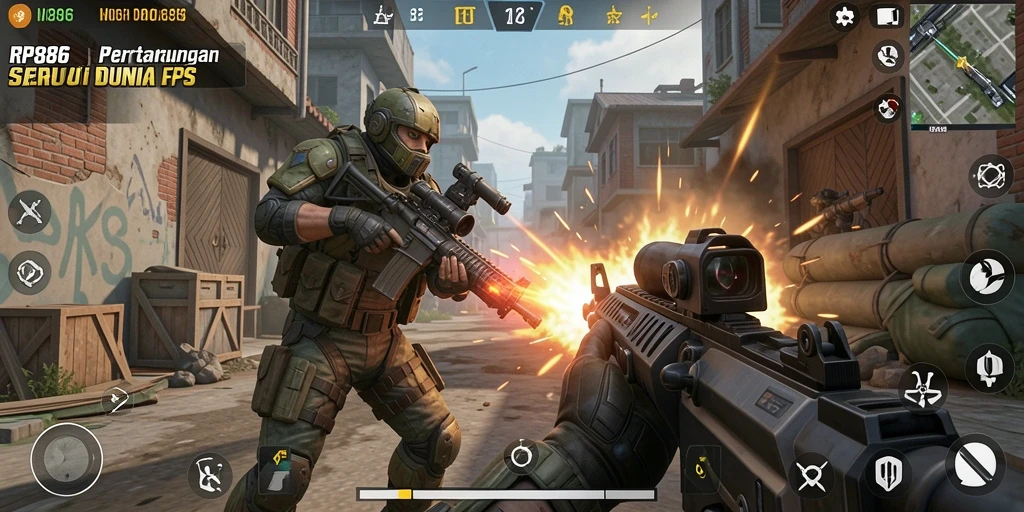 Tangkapan layar menunjukkan aksi seru dalam gameplay FPS yang mendebarkan.