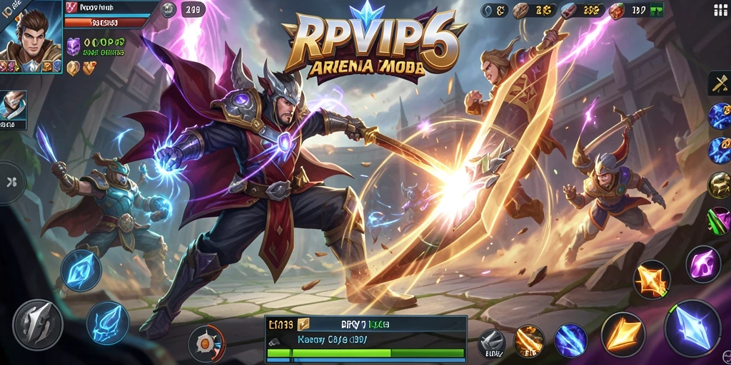 Gambar menampilkan pertempuran seru dalam RPVIP6 dengan karakter MOBA yang dinamis.