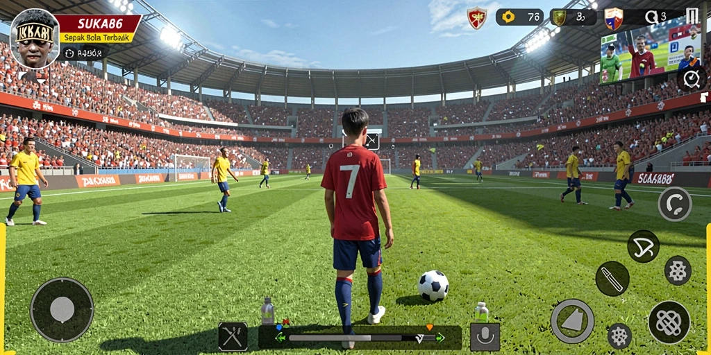 Tampilan gameplay sepak bola yang menampilkan berbagai aksi menegangkan.