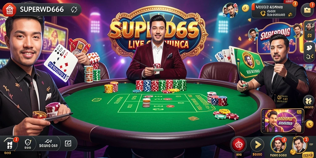 Screenshot gameplay <strong>SUPERWD666</strong> menunjukkan dealer live dan interaksi pemain yang seru.