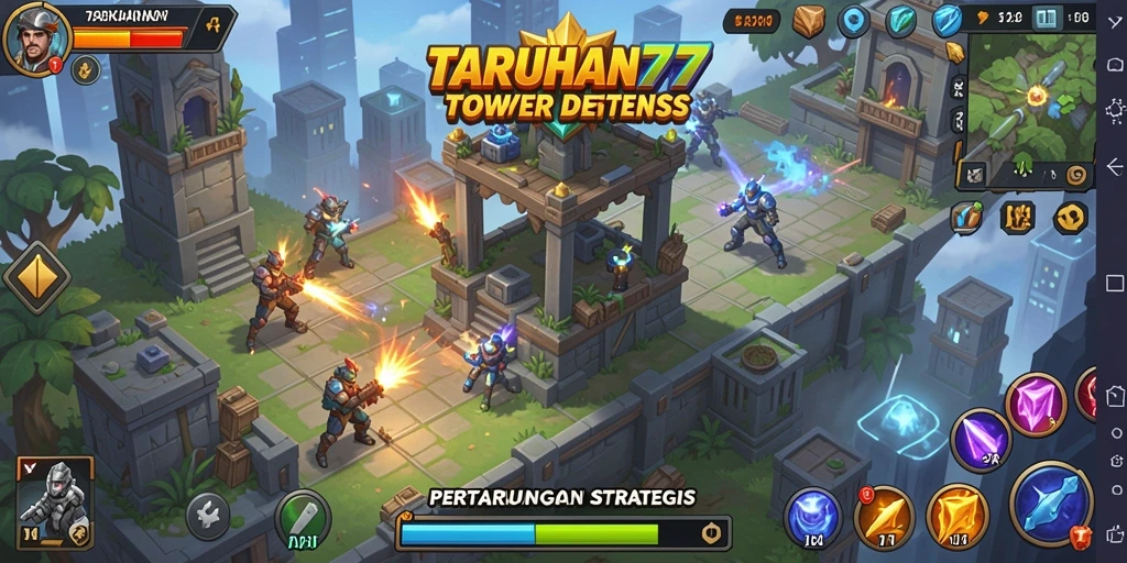 Gameplay menegangkan dengan menara dan musuh dalam TARUHAN77.