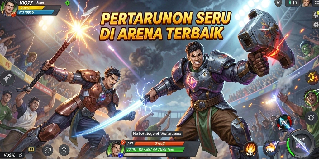 Tangkapan layar VIO77 menampilkan karakter bertarung di arena yang dinamis.